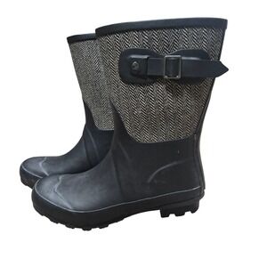 Chooka Classic Mid Calf Racer Herringbone Black Rubber Rain Boots Womens 8